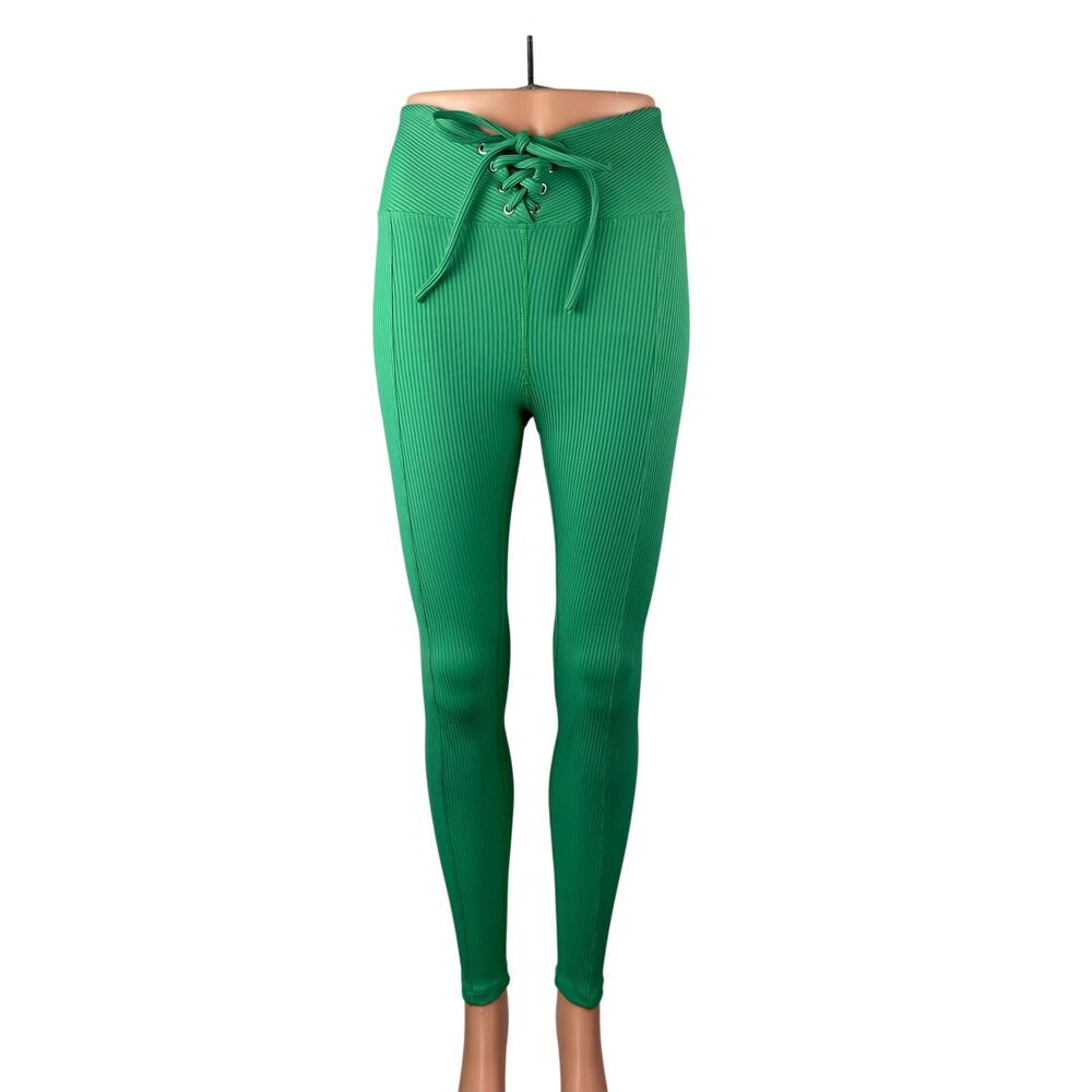 Year of Ours Women's Green Ribbed Knit Lace Up Athletic Leggings Pants Size S